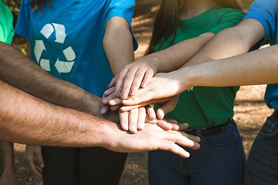 kéz, kezek, csapat, emberek, póló, újrahasznosítás, kék, zöld, természet
